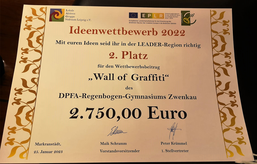 Die Preisurkunde zeigt den gewonnen zweiten Platz des Projektes "wall of graffiti".