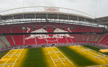 Zu sehen ist der grüne Rasen in einem Fußballstadion. Die Sitzplätze sind rot und in weiß sind zwei Bullen groß abgebildet.